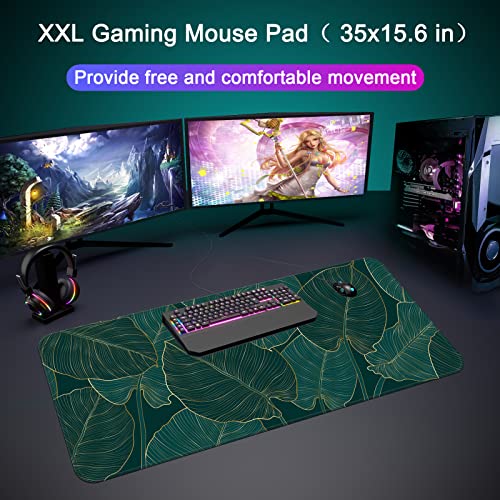 Desk Mat Pad,Large XXL Extended Mouse Pad Mat for Desktop Keyboard | 35''×15.6'' XXL Extended Gaming Mouse Pad with Non-slip Base Desk Matt Mousepad for Computer,Office,Keyboard and Laptop - color: D4-Green Leaves