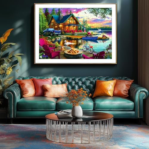 1000 Piece Puzzle for Adults Lakeside Sunset Log Cabin Jigsaw Adult Puzzles with Fire Pit & Dock Lake Landscape Puzzle with Letters on Back, Fun Games for Adult Game Night - color: Colorful- Sunset Log Cabin