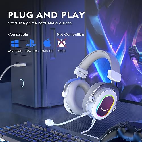 FIFINE H6W USB Gaming Headset,Wired Headphones with Mic for PC/Laptop/PS5 | Tuned 50mm Drivers, 7.1 Surround Sound, 3 EQ Modes, Soft Earmuff, Vibrant RGB, Handy In-line Control, for gaming/streaming - color: White