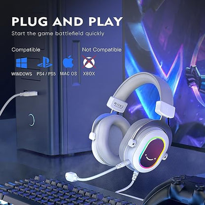 FIFINE H6W USB Gaming Headset,Wired Headphones with Mic for PC/Laptop/PS5 | Tuned 50mm Drivers, 7.1 Surround Sound, 3 EQ Modes, Soft Earmuff, Vibrant RGB, Handy In-line Control, for gaming/streaming - color: White