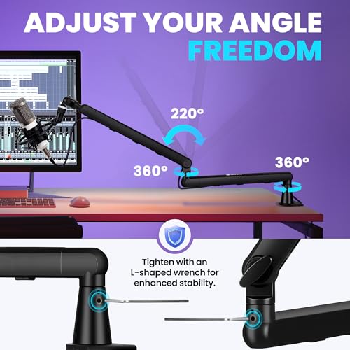CAHAYA Mic Stand Boom Arm - Low Profile Adjustable Microphone Arm Stand with 3.5" Extension Pole Desk Clamp Screw Adapter for Streaming Gaming Black