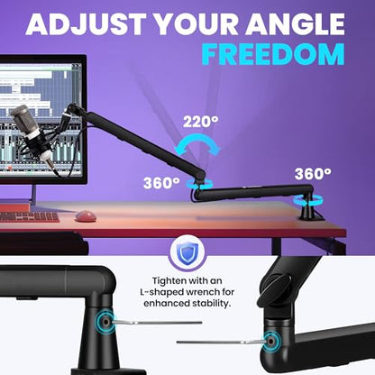 CAHAYA Mic Stand Boom Arm - Low Profile Adjustable Microphone Arm Stand with 3.5" Extension Pole Desk Clamp Screw Adapter for Streaming Gaming Black
