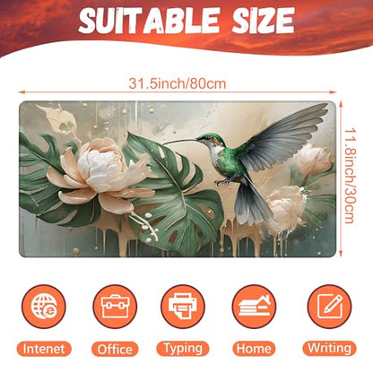 Desk Pad, Elegant Hummingbird Desk Mat, Oil Painting Flowers and Leaves Large Gaming Mouse Pad, 31.5"x15.7" Extended Big Computer Mouse Pad with Non-Slip Base and Stitched Edge - color: Elegant Hummingbird