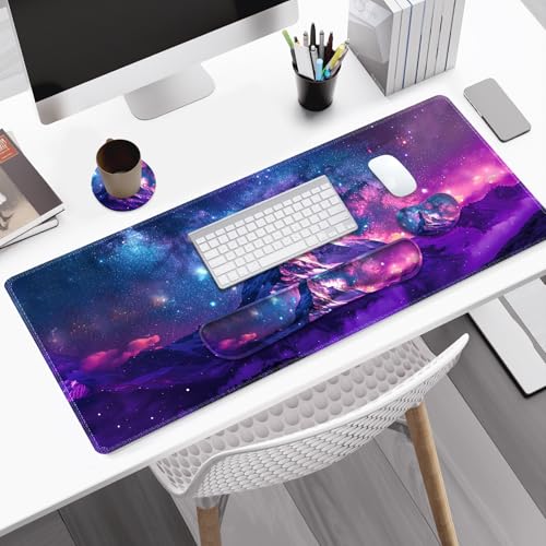 Large Gaming Mouse Pad Set, Purple 4 in1 Ergonomics Keyboard Desk Mat with Memory Foam Wrist Rest, Extended Game Mousepad, Non-Slip Desk Pad Matt Easy Typing Pain Relief I Galaxy Mountain - color: Galaxy Mountain
