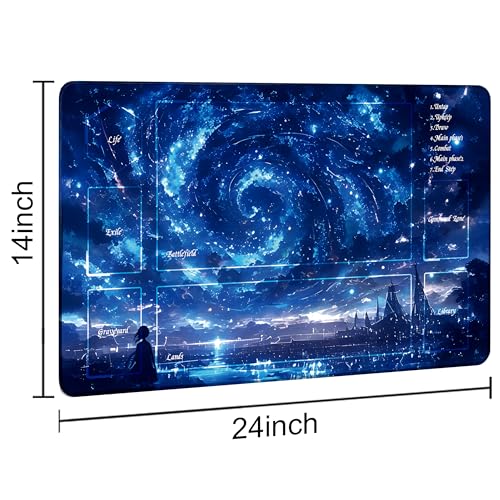 MTG Playmat with Storage Tube & 7-Dice Set - Waterproof TCG Playmat with Stitched Edges, Non-Slip Rubber Card Game Mat (24"x14") (playmat with Zones, Starry Sky) - color: Starry Sky, style: playmat with zones
