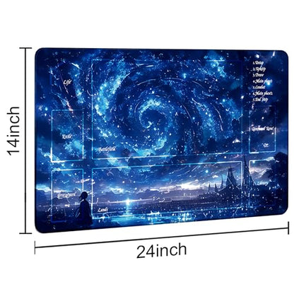 MTG Playmat with Storage Tube & 7-Dice Set - Waterproof TCG Playmat with Stitched Edges, Non-Slip Rubber Card Game Mat (24"x14") (playmat with Zones, Starry Sky) - color: Starry Sky, style: playmat with zones