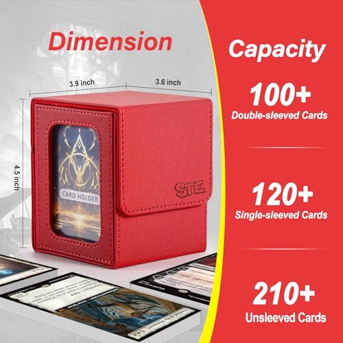 MTG Deck Box, Double Display Window MTG, Commander Deck Box Fits 120+ Single Sleeved Cards, PU Leather Magnetic Closure Card Box with 2 Dividers&2 Toploaders for TCG, CCG, Red - color: Red, size: 1 pack