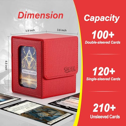 MTG Deck Box, Double Display Window MTG, Commander Deck Box Fits 120+ Single Sleeved Cards, PU Leather Magnetic Closure Card Box with 2 Dividers&2 Toploaders for TCG, CCG, Red - color: Red, size: 1 pack