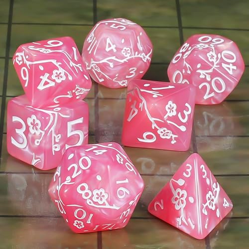 CiaraQ 7pcs Polyhedral Dice Set for Dungeon and Dragons MTG Table Games | Acrylic Role Playing Dice for D&D with Black Velvet Bag – Pink Pearl with White Numbers & Plum Blossom Patterns - color: Pink and White Floral Dice
