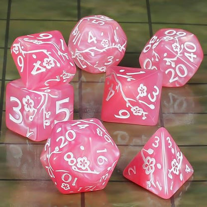 CiaraQ 7pcs Polyhedral Dice Set for Dungeon and Dragons MTG Table Games | Acrylic Role Playing Dice for D&D with Black Velvet Bag – Pink Pearl with White Numbers & Plum Blossom Patterns - color: Pink and White Floral Dice