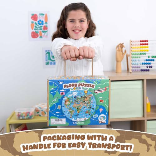 BONNYCO Giant Floor Puzzles for Kids World Map with 70 Large Pieces. Round Globe Puzzle with Animals, 23 x 23 in, 15 Cards, 4 3D Figures, Guide. Learning Gifts, Toys for 4 Year Old Boys