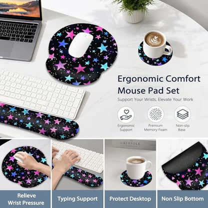 Wrist Rest Mouse Pad and Keyboard Support Set,Pink Stars 3 in 1 Ergonomic Memory Foam Mousepad with Non Slip Base, Gaming Mouse Pad for Office and Home - color: Pink Stars