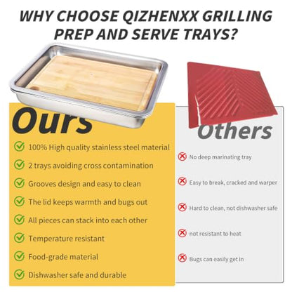 Grilling Prep and Serve Trays, Stainless Steel Large Capacity Food Prep Tray, Grill Carry System, Marinade Container with Lid and Cutting Board, BBQ Grill Accessories, Grilling Gifts for Men