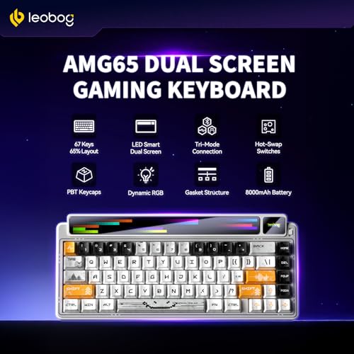 LEOBOG x Aula AMG65 Mechanical Gaming Wireless Keyboard Dual Screen | Tri-mode Bluetooth/2.4G/Wired,Wireless Keyboard,8000mAh,RGB,Hot Swappable Pre-lubed Light Feather Switches-Arctic starlight - color: Arctic starlight