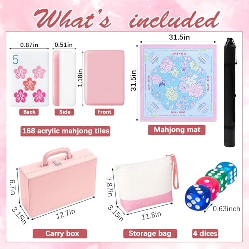 Soulchen 1.2in American Mahjong Tiles Set with Noise Reducing Mat 168 Acrylic Engraved Mahjong Game Tiles with Portable Storage Bags and 4 Dice for Adults Family Friends Collection Travel Game(Pink) - color: Pink