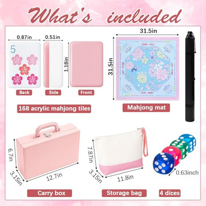 Soulchen 1.2in American Mahjong Tiles Set with Noise Reducing Mat 168 Acrylic Engraved Mahjong Game Tiles with Portable Storage Bags and 4 Dice for Adults Family Friends Collection Travel Game(Pink) - color: Pink