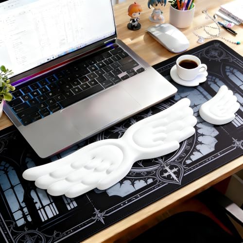Angel Wing Wrist Rest Ergonomic Memory Foam Wrist Rest for Computer Keyboard Mouse Set with Cup Mat, Cute Gaming Keyboard Cushion Hand Support PU Leather Surface Anti-Slip Waterproof（White） - color: White