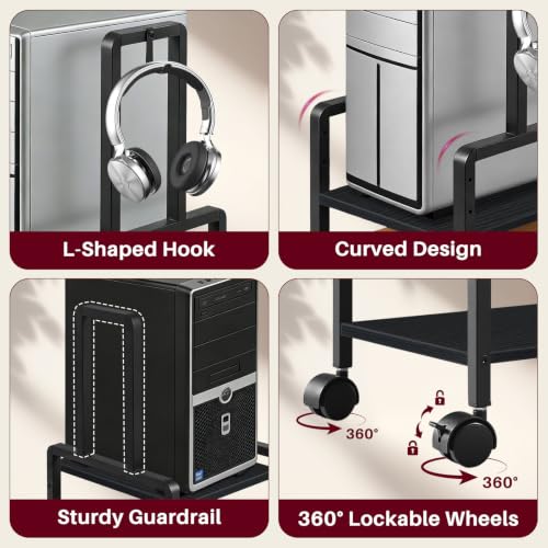 Adjustable 2-Tier PC Stand, Computer Tower Stand with 360° Locking Wheels & Hooks, CPU Cart for Floor, Carpet and Under Desk, 15.2" x 11.8" x 26", Black - color: Black