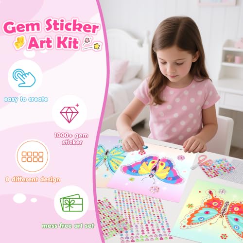 Gem Art Sticker Kit,Diamond Art Sticker Crafts for Kids Ages 4-12 | 8 Butterfly Theme, 1000+ Gems, No glue, No mess, Gemstone Sticker Arts and Crafts for Kids, Christmas Birthday Gift for Girls - color: Rose-Butterfly