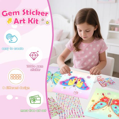 Gem Art Sticker Kit,Diamond Art Sticker Crafts for Kids Ages 4-12 | 8 Butterfly Theme, 1000+ Gems, No glue, No mess, Gemstone Sticker Arts and Crafts for Kids, Christmas Birthday Gift for Girls - color: Rose-Butterfly