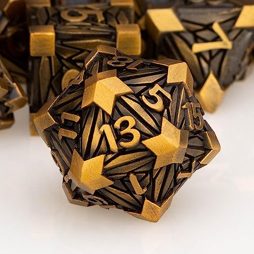 7PCS Metal DND Dice Set with Box, Debris RPG Red D and D Dice for use with D&D Tabletop Games Role Playing Game Polyhedral Dice Set D20 D12 D10 D8 D6 D4 - color: Ancient Gold