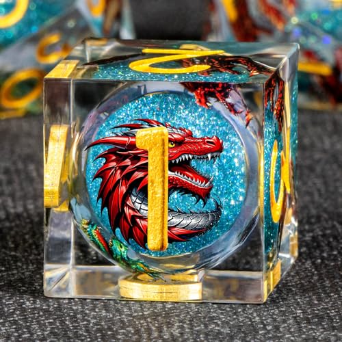 KERWELLSI Liquid Core Dragons Pattern Dice, Resin DND Dice Set with Gift Box, Blue and Gold Sharp Edged Dungeons D&D Dice, Role Playing Game Dice D20 D12 D10 D8 D6 D4 - color: Blue and Gold
