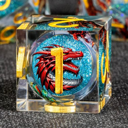 KERWELLSI Liquid Core Dragons Pattern Dice, Resin DND Dice Set with Gift Box, Blue and Gold Sharp Edged Dungeons D&D Dice, Role Playing Game Dice D20 D12 D10 D8 D6 D4 - color: Blue and Gold
