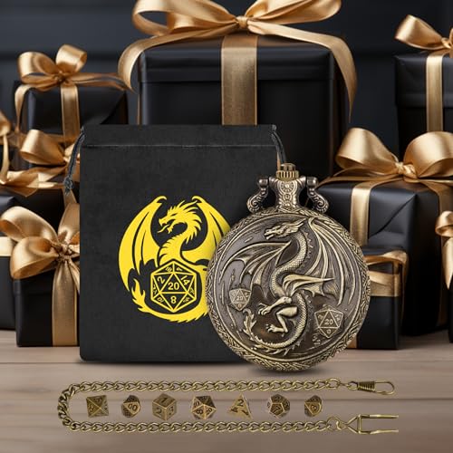 Mini DND Dice Set, with Steampunk Winged Dragon Pocket Watch Shell Case, 7-Piece Polyhedral Metal D&D Dice, DND Gift Bag with Dragon Logo, MTG, Role Play Board Game Accessories, Bronze - color: Bronze
