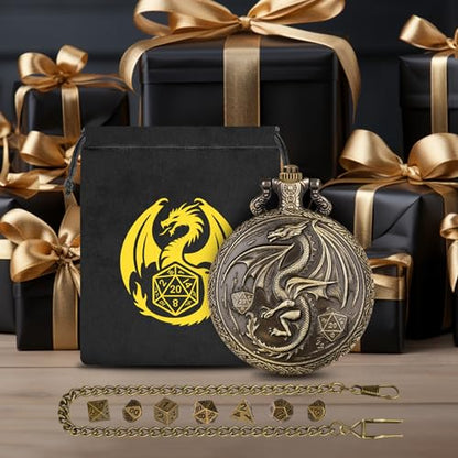 Mini DND Dice Set, with Steampunk Winged Dragon Pocket Watch Shell Case, 7-Piece Polyhedral Metal D&D Dice, DND Gift Bag with Dragon Logo, MTG, Role Play Board Game Accessories, Bronze - color: Bronze