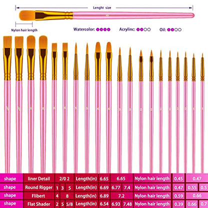Paint Brushes Set, 20 Pcs Paint Brushes for Acrylic Painting, Oil Watercolor Acrylic Paint Brush, Artist Paintbrushes for Body Face Rock Canvas, Adult Drawing Arts Crafts Supplies, Pink - color: Pink