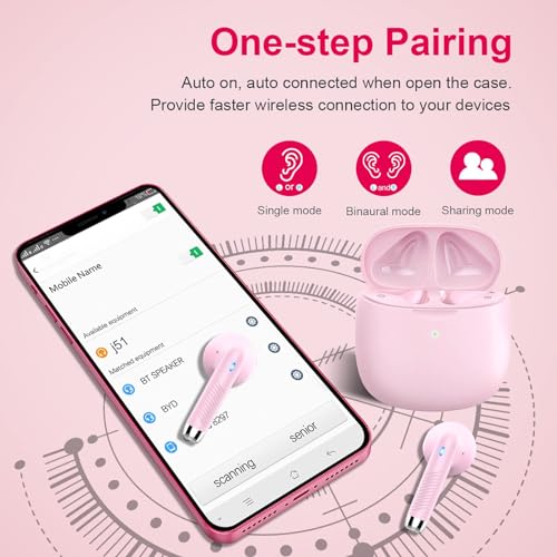 Wireless Earbuds, Bluetooth 5.4 Earbuds Stereo Bass, Bluetooth Headphones in Ear Noise Cancelling Mic, Wireless Earphones IP7 Waterproof Sports, 32H Playtime Mini USB C Charging Ear Buds Light Pink - color: light pink