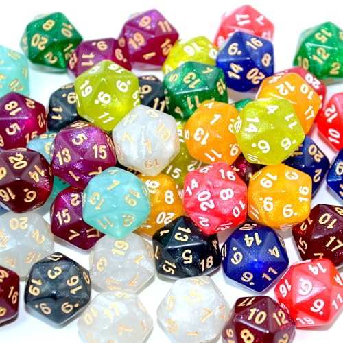 SmartDealsPro 50-Pack D20 20 Sided Dice Polyhedral Dice with Pouch for DND RPG MTG Table Game (D20, Glitter Color) - color: Glitter Color, style: D20