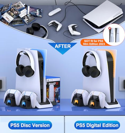 PS5 Stand with Cooling Station&Dual Controller Charger for PlayStation 5 PS5 Console(NOT Fit PS5 Slim), PS5 Accessories with 5V/3A Adapter, PS5 Base with Cooler Fan, Charging Dock