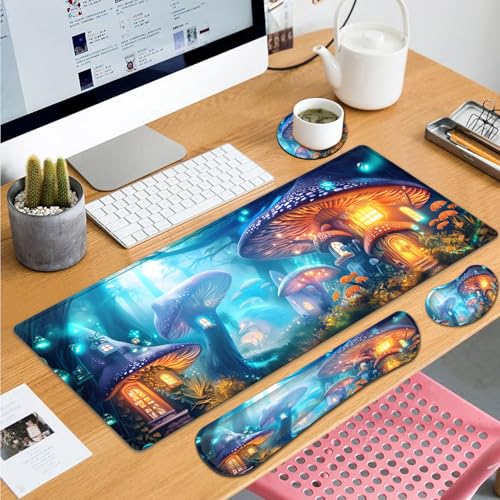 Large Gaming Mouse Pad+ Keyboard Wrist Rest Set, Ergonomics Memory Foam Mouse Mat Wrist Rest Support for Home Office, Waterproof Extended Mousepad 31.5x11.8in, Magic Mushroom Castle Desk Pad - color: Yvb-mousepad-9-f-154