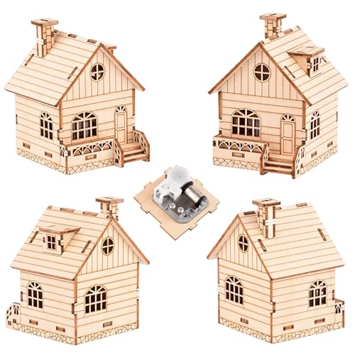 Wind-Up Music Box Log Cabin 3D Wooden Puzzle Building Model Kit | Laser-cut eco wood decor gift for teens & adults 14+, clockwork drive design, mostly glue-free music house assembly craft