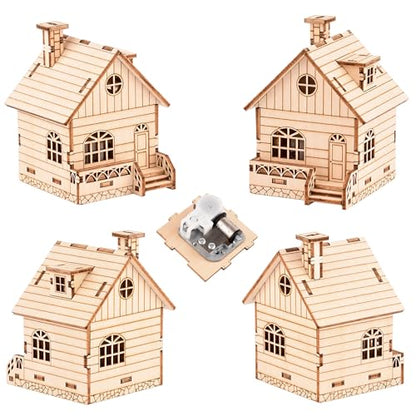 Wind-Up Music Box Log Cabin 3D Wooden Puzzle Building Model Kit | Laser-cut eco wood decor gift for teens & adults 14+, clockwork drive design, mostly glue-free music house assembly craft
