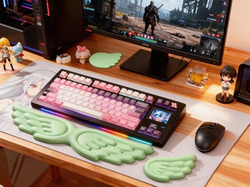 Angel Wing Wrist Rest Ergonomic Memory Foam Wrist Rest for Computer Keyboard Mouse Set with Cup Mat, Cute Gaming Keyboard Cushion Hand Support PU Leather Surface Anti-Slip Waterproof (Green) - color: Green
