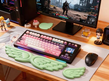 Angel Wing Wrist Rest Ergonomic Memory Foam Wrist Rest for Computer Keyboard Mouse Set with Cup Mat, Cute Gaming Keyboard Cushion Hand Support PU Leather Surface Anti-Slip Waterproof (Green) - color: Green