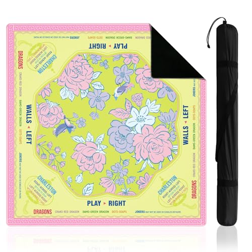 Soulchen Flower Yellow and Pink American Mahjong Mat for Table with Rules, No Creases, Ships Rolled, 31.5 x 31.5 Non-Slip Noise Reduction Gaming Mat with Carrying Bag for Poker Card Board - color: Yellow and Pink