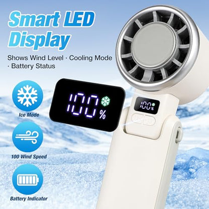 Portable Ice Cooling Handheld Turbo Fan, 100 Speeds, 4000mAh, Speed Display | 15,500 RPM brushless motor, USB-C charging, digital display, foldable desk mode and wearable neck use with included lanyard.