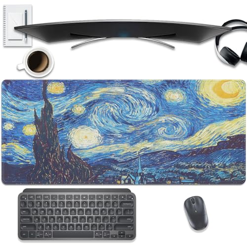 Van Gogh Starry Night Large Mouse Pad Desk Mat, 27.5x11.8in Classic Art Extended Keyboard Mousepad with Stitched Edges, Non-Slip Waterproof Rubber Base for Office, Computer & Laptop - color: Starry Night