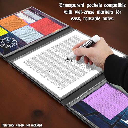 CASEMATIX DM Screen – 3-Panel Travel-Ready Game Master Screen with Transparent Pockets, PU Leather GM Screen, Wet-Erase Compatible, Compact Size for Portable Tabletop RPG Campaigns