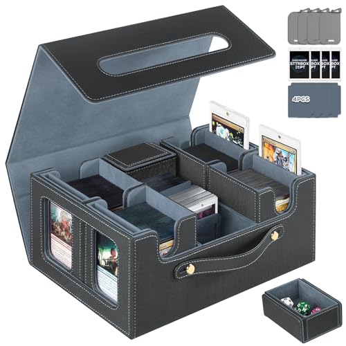 Trading Card Storage Box for MTG, MTG commander deck box，Multi-purpose Deck Case for MTG TCG Sports Card, 4 Toploaders, 4 Stoppers, 4 Colorful Dividers (Black & Grey) - color: Black & Grey