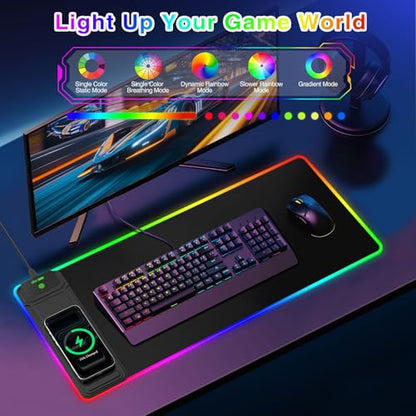 RGB Gaming Mouse Pad with Magnetic Wireless Charging & Foldable Phone Stand | 31.5"x11.8" XL Extended Mousepad with Stitched Edges, Ultra-Smooth Waterproof Surface, 25 Lighting Effects, Non-Slip Base - color: RGB-Magnetic Stand-31.5"x11.8"-Left