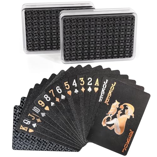LotFancy Waterproof Playing Cards, 2 Decks of Cards with Plastic Cases | 100% Plastic, Black Playing Cards for Magic Tricks Pool Parties Beach Card Games, Cool Gadgets Gift for Adults, Bridge Size - style: Black Bridge Size