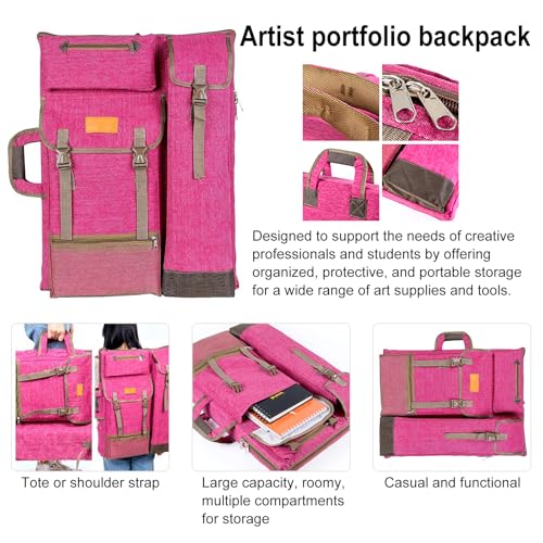TRANSON Art Portfolio Case Artist Backpack Canvas Bag Large 26” x 19.5” - color: Magenta