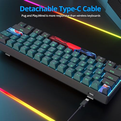 Protable 60% Percent Gaming Keyboard Mechanical, Mini Compact Ice-Blue LED Backlit 61 Keys Wired Office Keyboard with Red Switch for Mac/Win/PS4/PS5（61Green/Red Switch） - color: Ice-blue 61Green/Red Switch