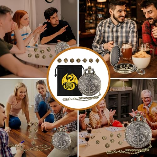 Mini DND Dice Set, Flying Dragon Holds Long Sword Pocket Watch Shell Case, DND Starter Set, 7pcs Polyhedral Metal Dice Set, D&D Gifts with Gift Bag, Role Playing Board Game Accessories,Bronze - color: Bronze