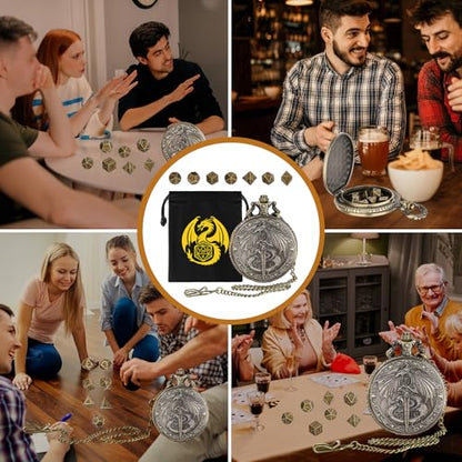 Mini DND Dice Set, Flying Dragon Holds Long Sword Pocket Watch Shell Case, DND Starter Set, 7pcs Polyhedral Metal Dice Set, D&D Gifts with Gift Bag, Role Playing Board Game Accessories,Bronze - color: Bronze