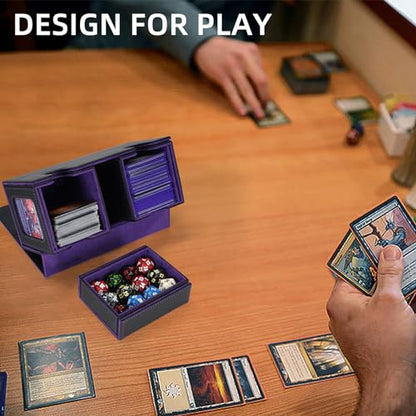 AFIING MTG Commander Deck Box 200 Double Sleeved Cards Storage, 3-in-1 Magnetic Card Case Organizer for Magic: The Gathering TCG CCG, 4 Dividers & 2 Toploaders Black/Purple - color: Black purple